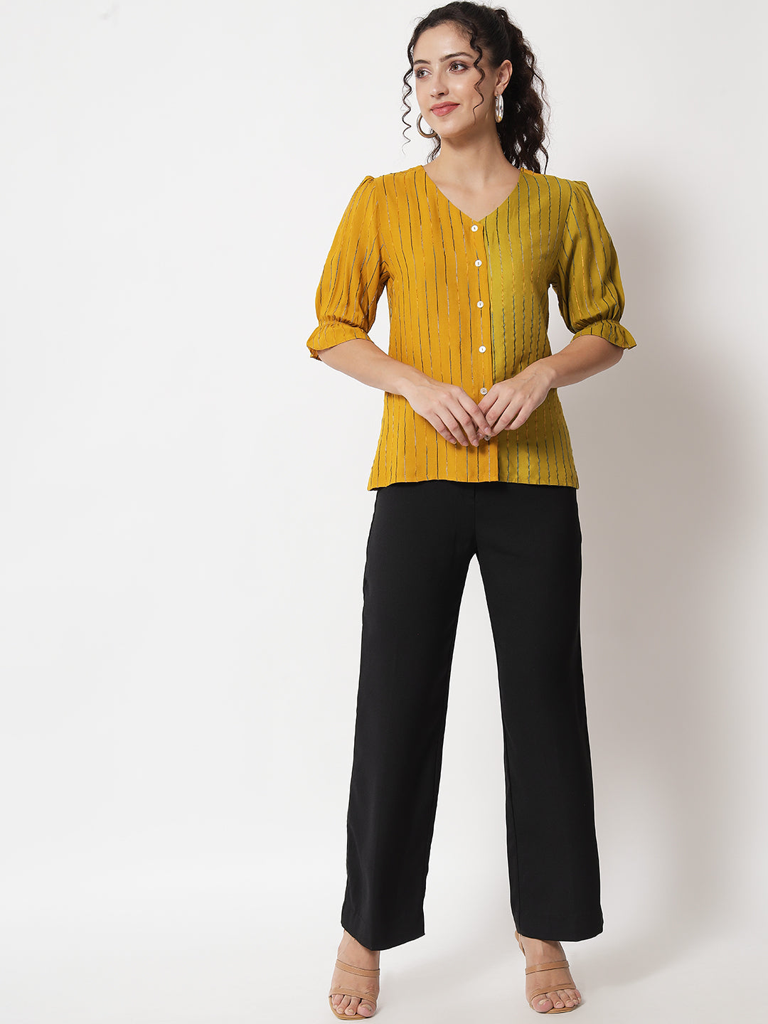 Women's Party Half Sleeve Striped Mustard Top