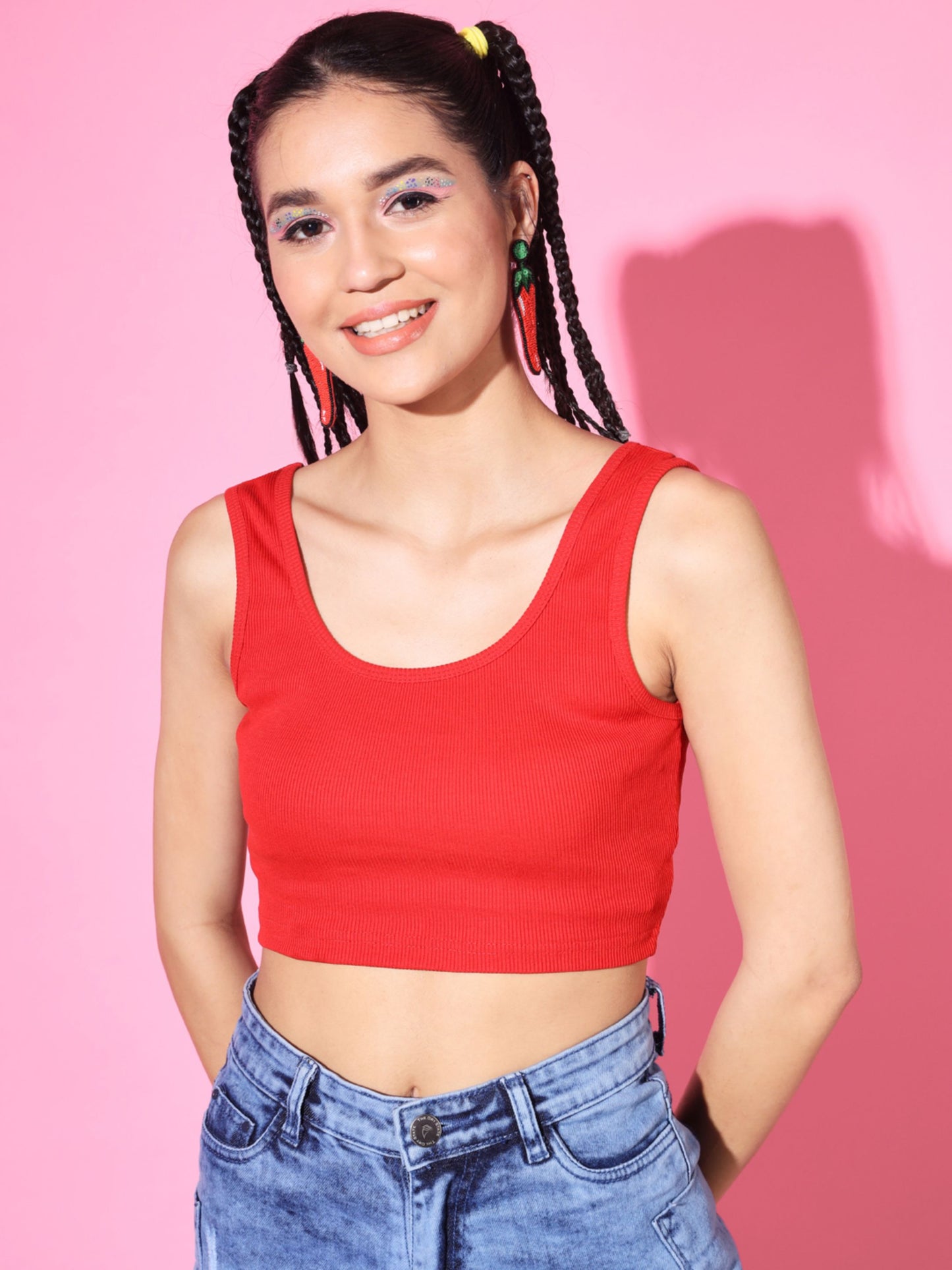 Women's Casual No Sleeve Solid Red Top