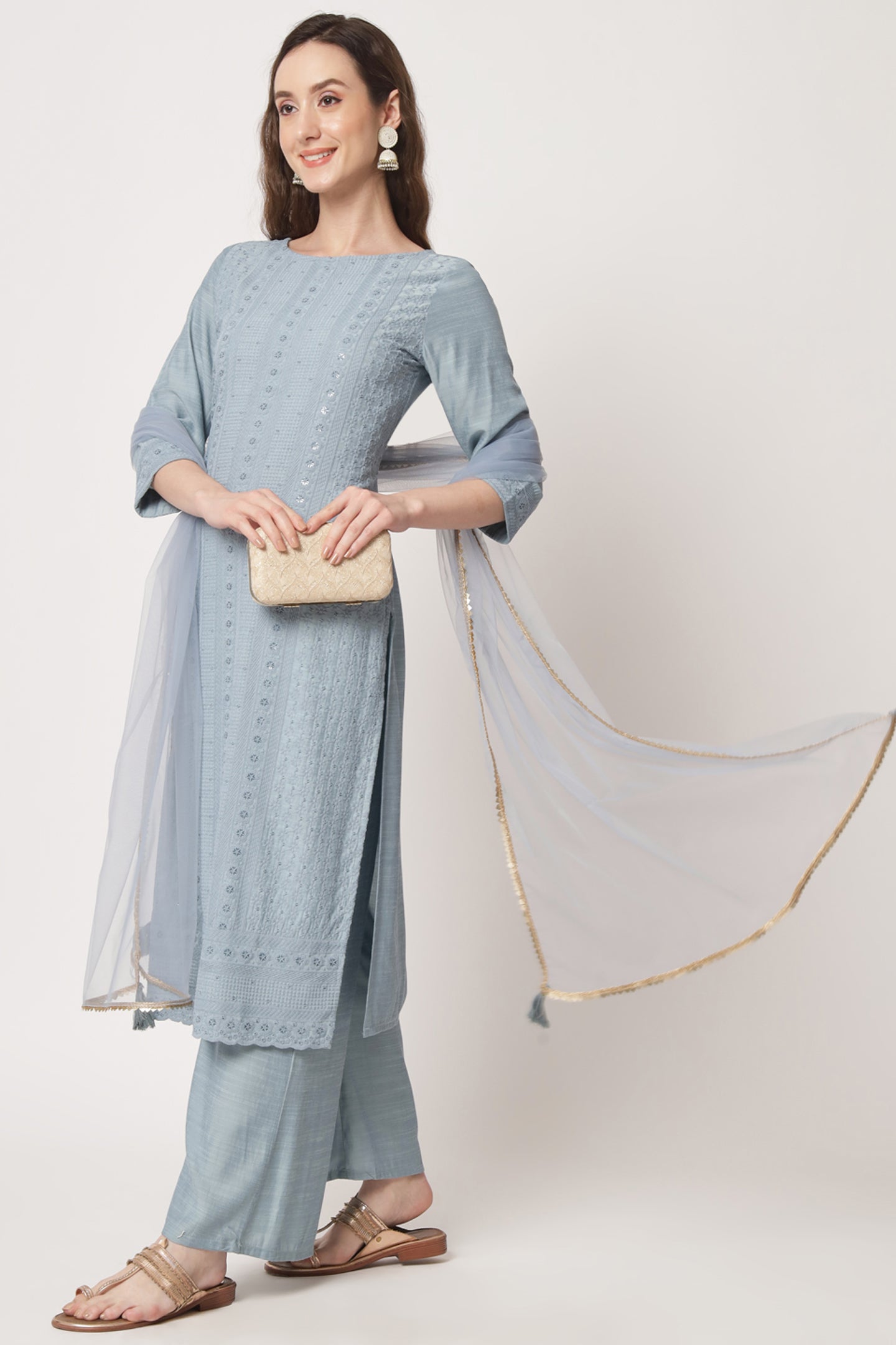Women's Embroidered Silk Blend Kurta and Palazzo Set