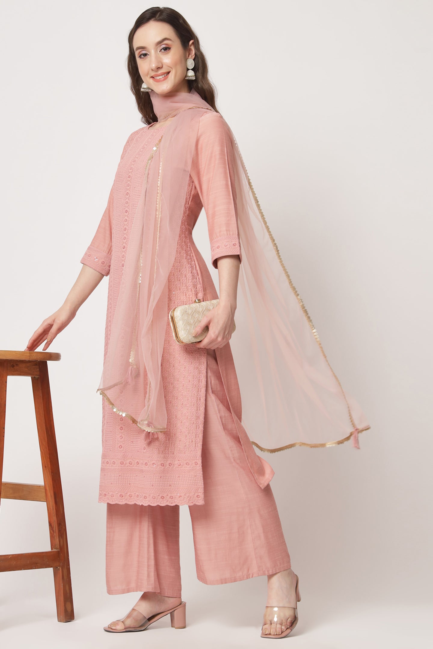 Women's Embroidered Silk Blend Kurta and Palazzo Set