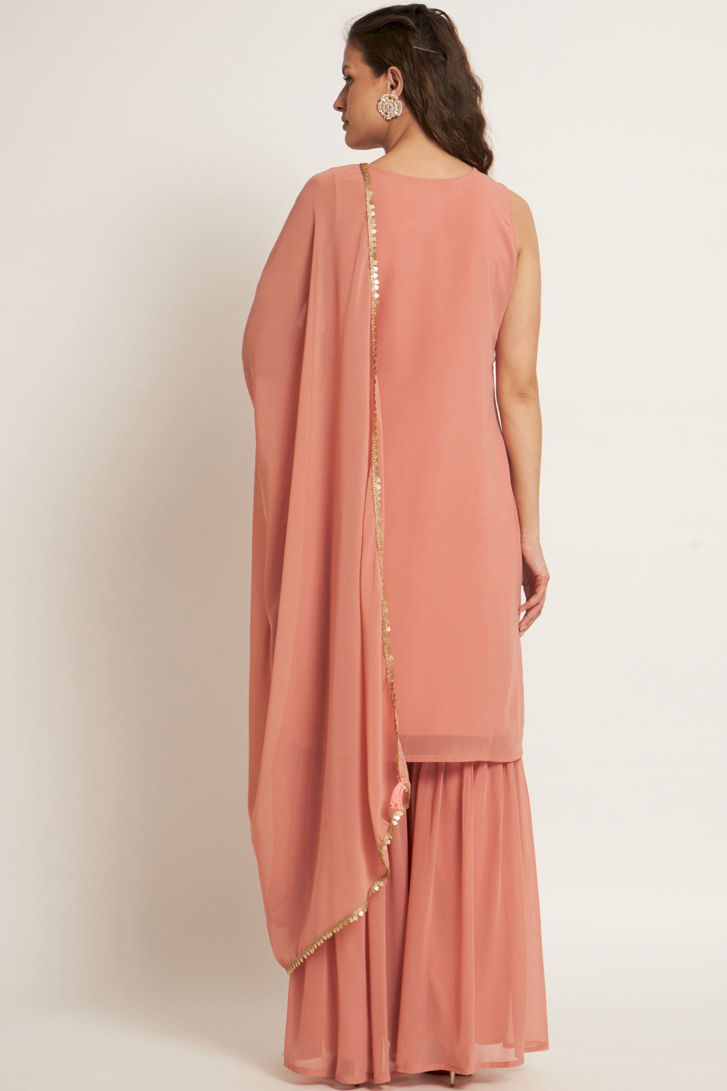 Women's Flamingo Pink Embroidered Georgette Kurta and Sharara Set