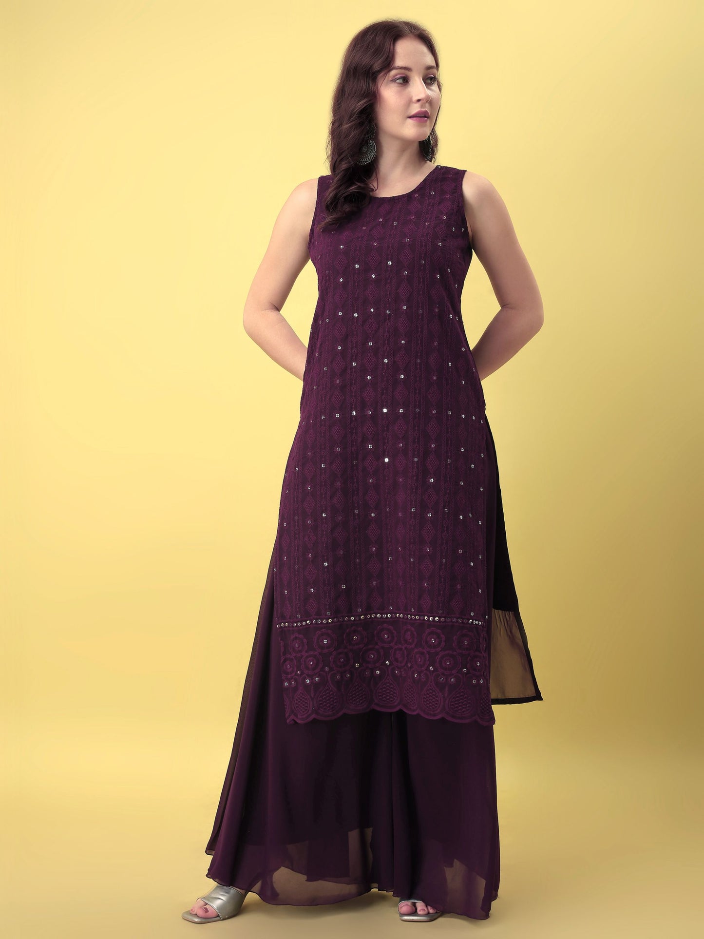 Women's Embroidered Georgette  Kurta Palazzo and Dupatta Set