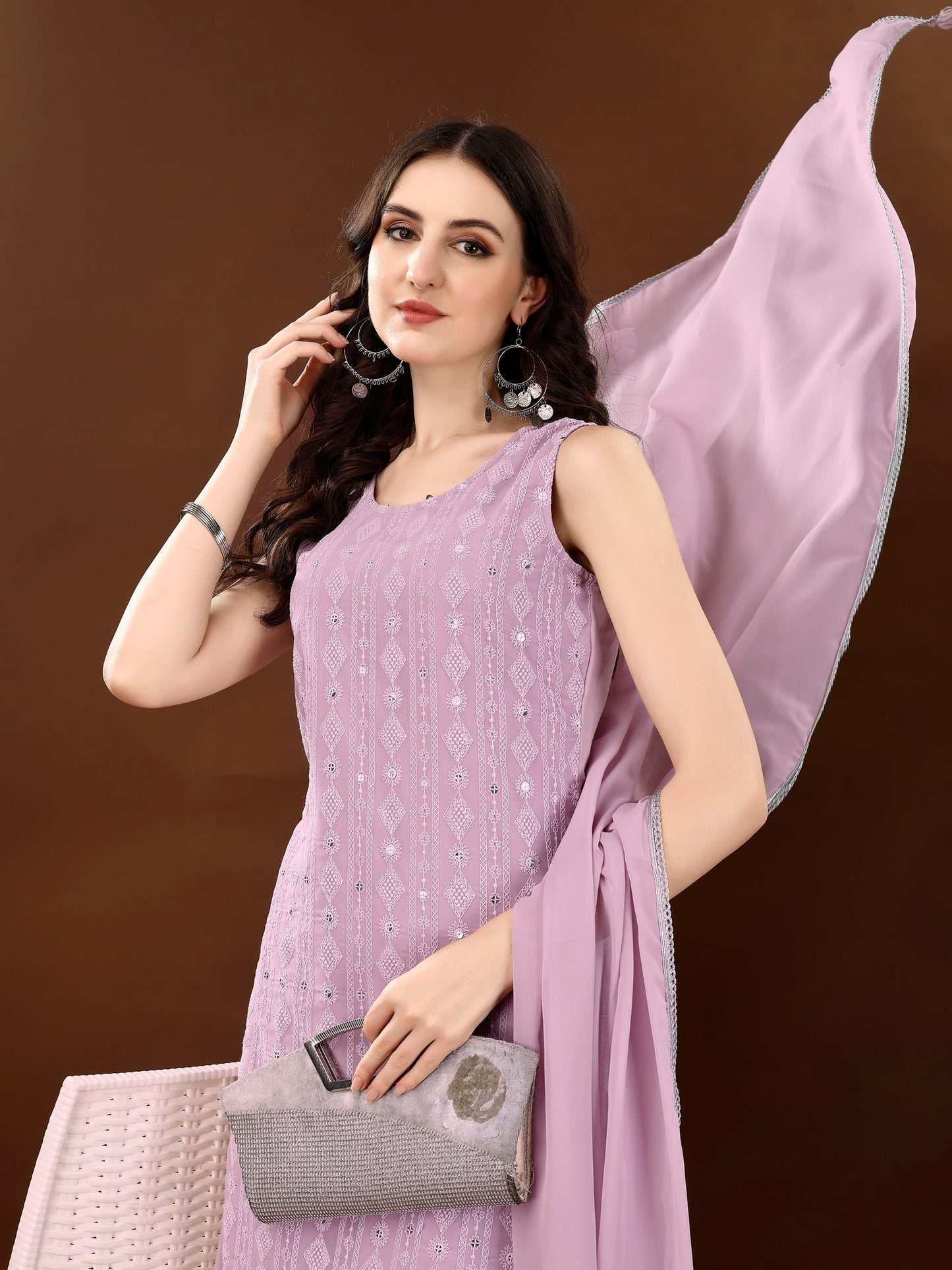 Women's Embroidered Georgette  Kurta Palazzo and Dupatta Set