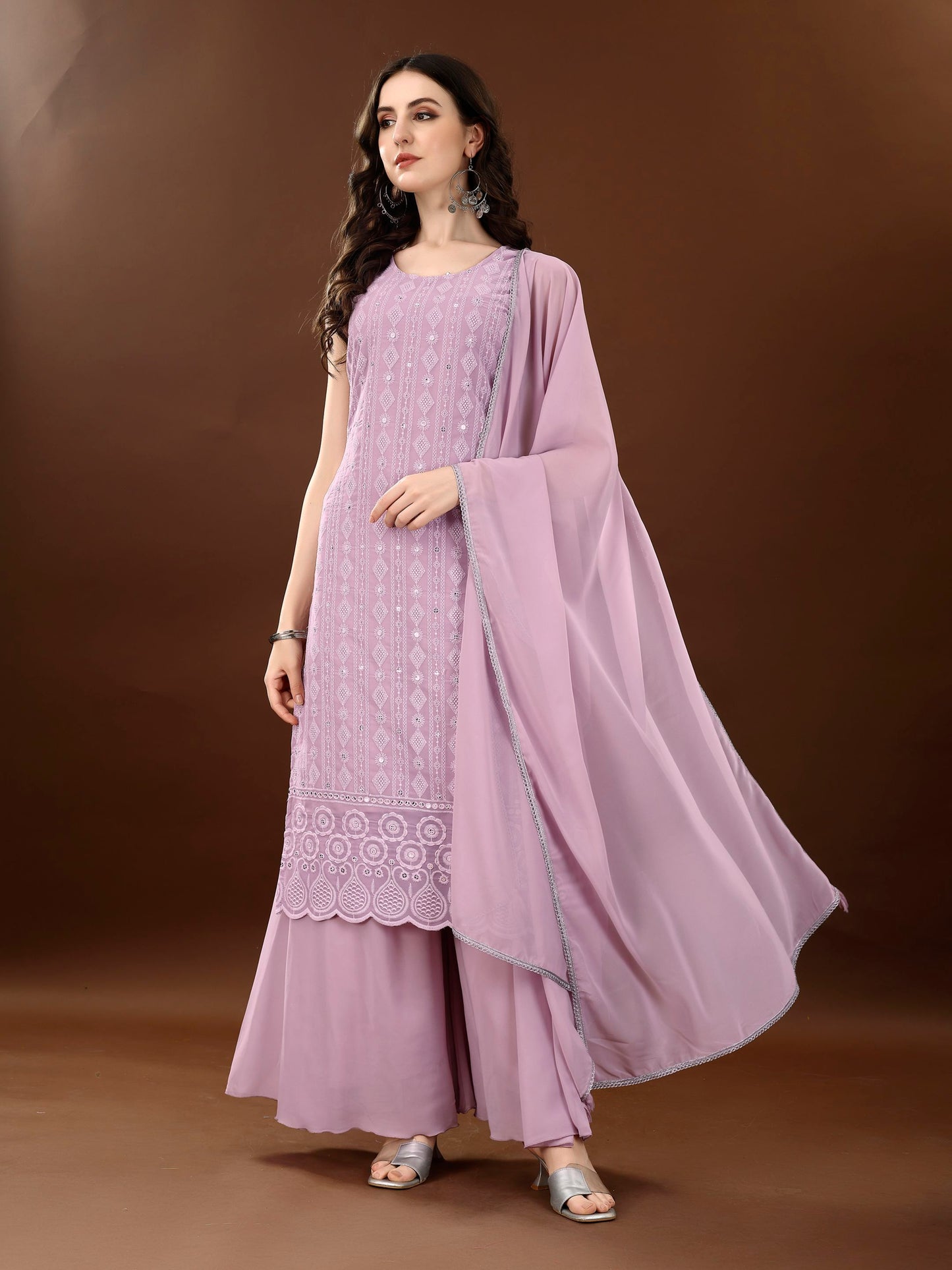 Women's Embroidered Georgette  Kurta Palazzo and Dupatta Set