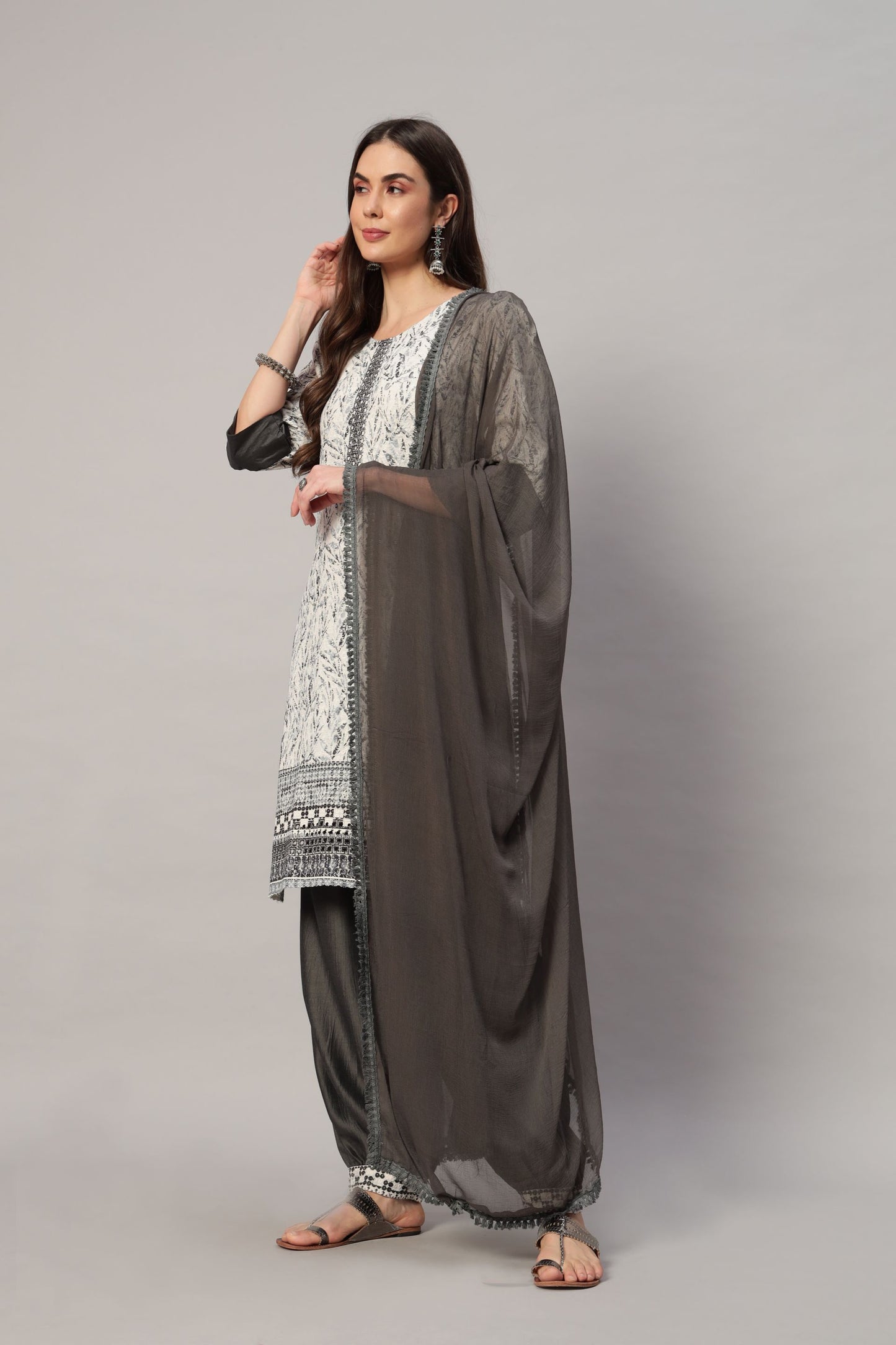 Women's Embroidered Viscose Kurta Dhoti Pant & Dupatta Set