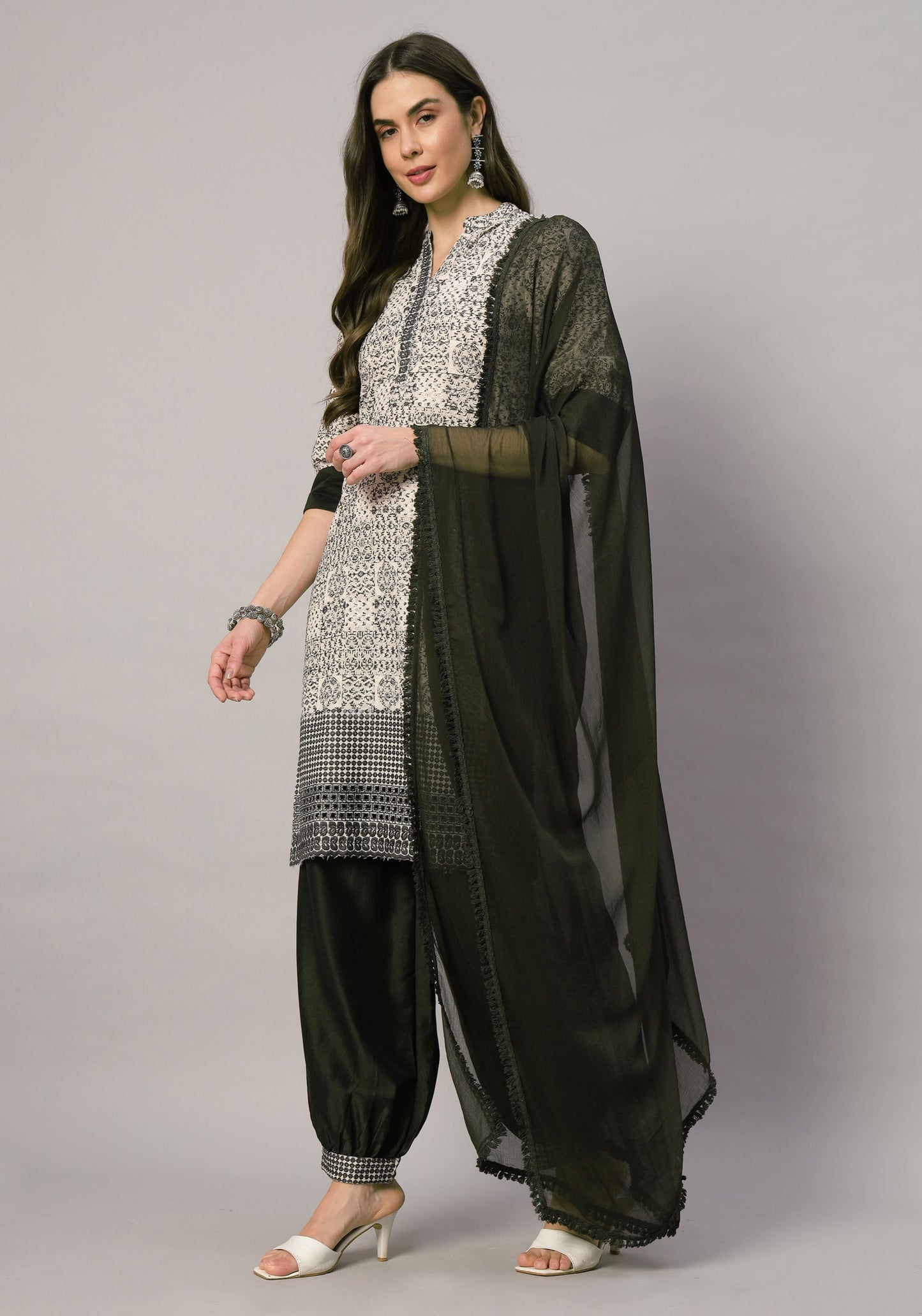 Women's Embroidered Viscose Kurta Dhoti Pant & Dupatta Set