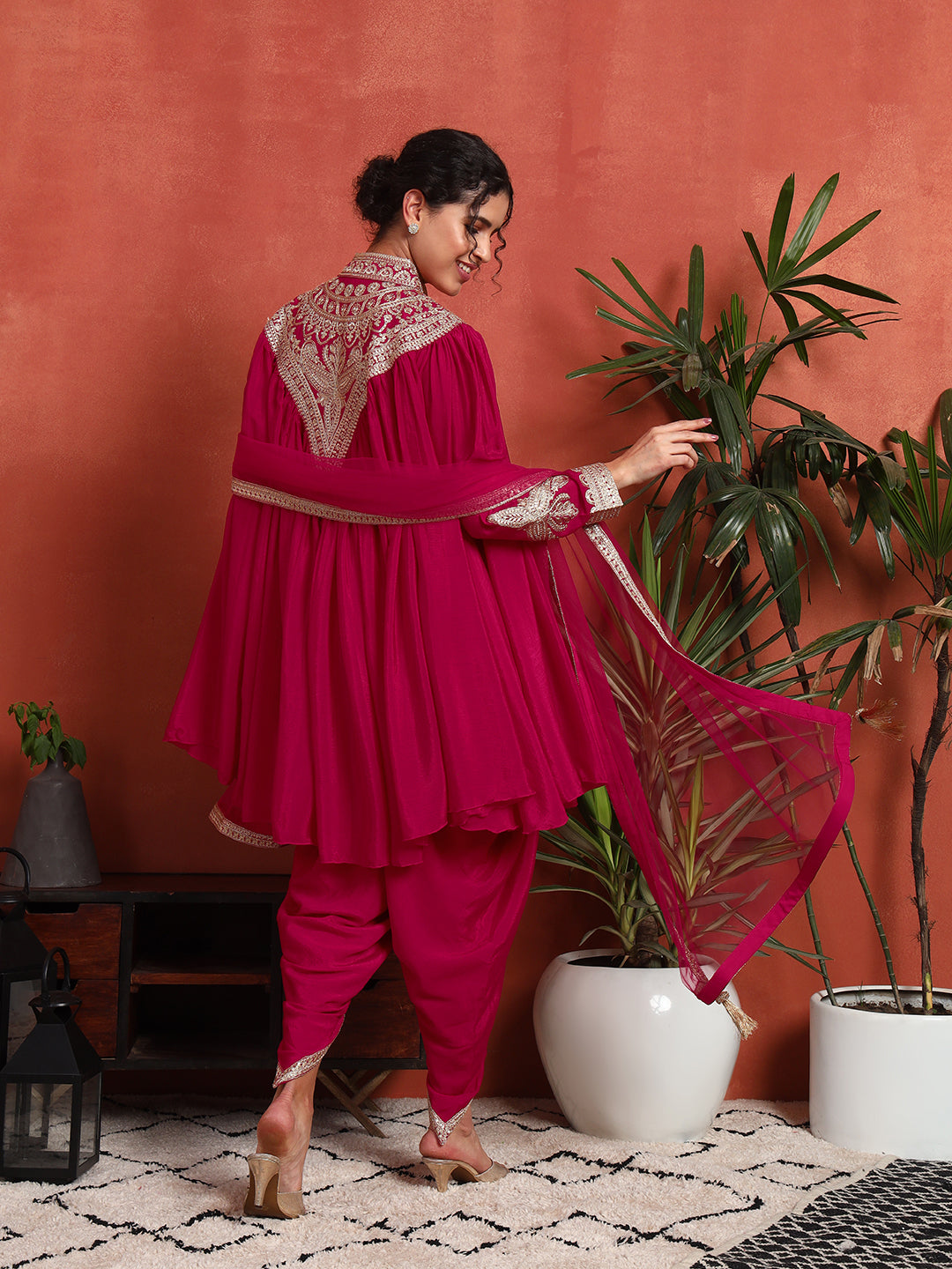Women's Embroidered Silk Blend Kurta, Dhoti Pant & Dupatta Set