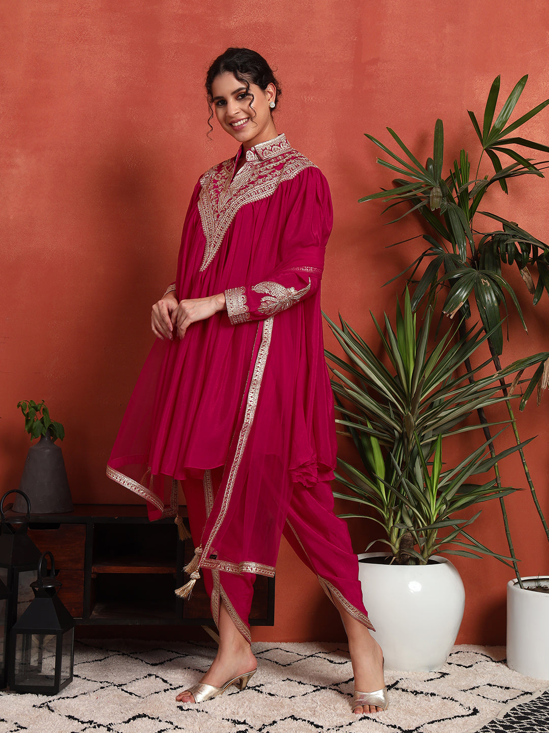 Women's Embroidered Silk Blend Kurta, Dhoti Pant & Dupatta Set