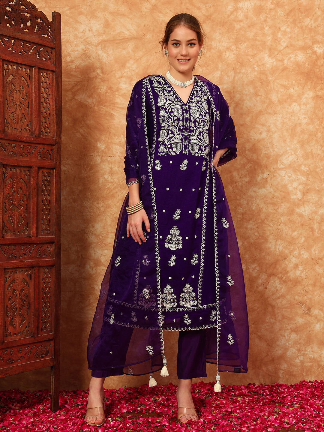 Women's Embroidered Silk Kurta, Pyjama & Dupatta Set