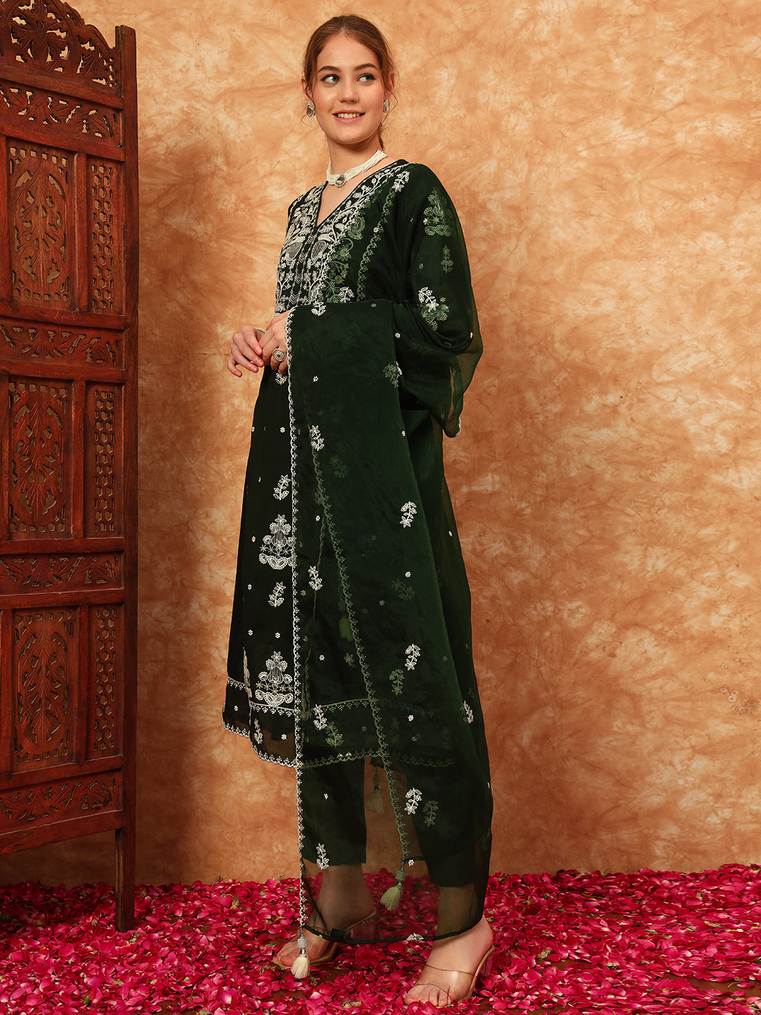 Women's Embroidered Silk Kurta, Pyjama & Dupatta Set