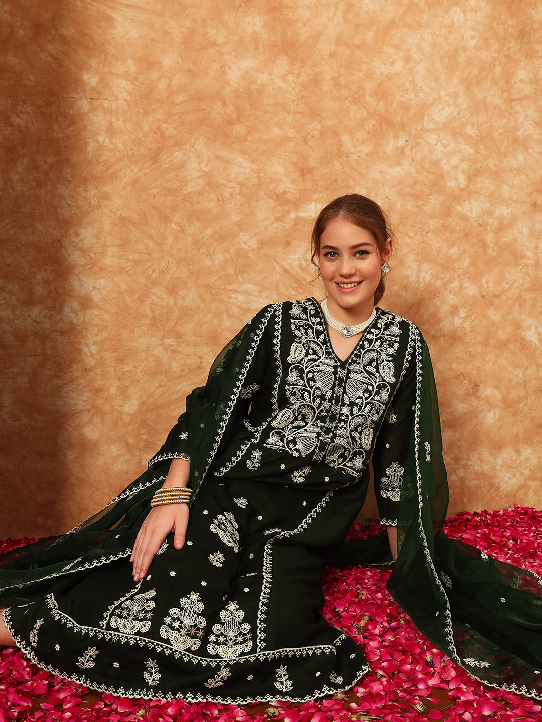 Women's Embroidered Silk Kurta, Pyjama & Dupatta Set