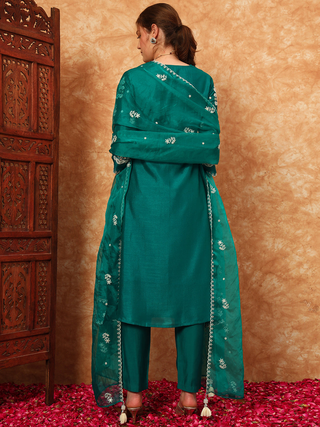 Women's Embroidered Silk Kurta, Pyjama & Dupatta Set