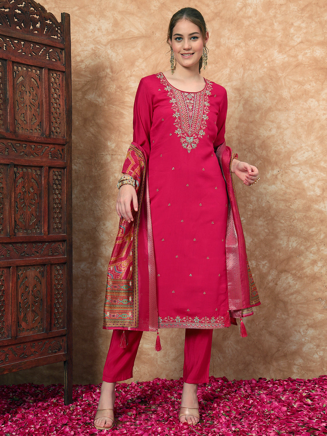 Women's Embroidered Silk Kurta, Pyjama & Dupatta Set