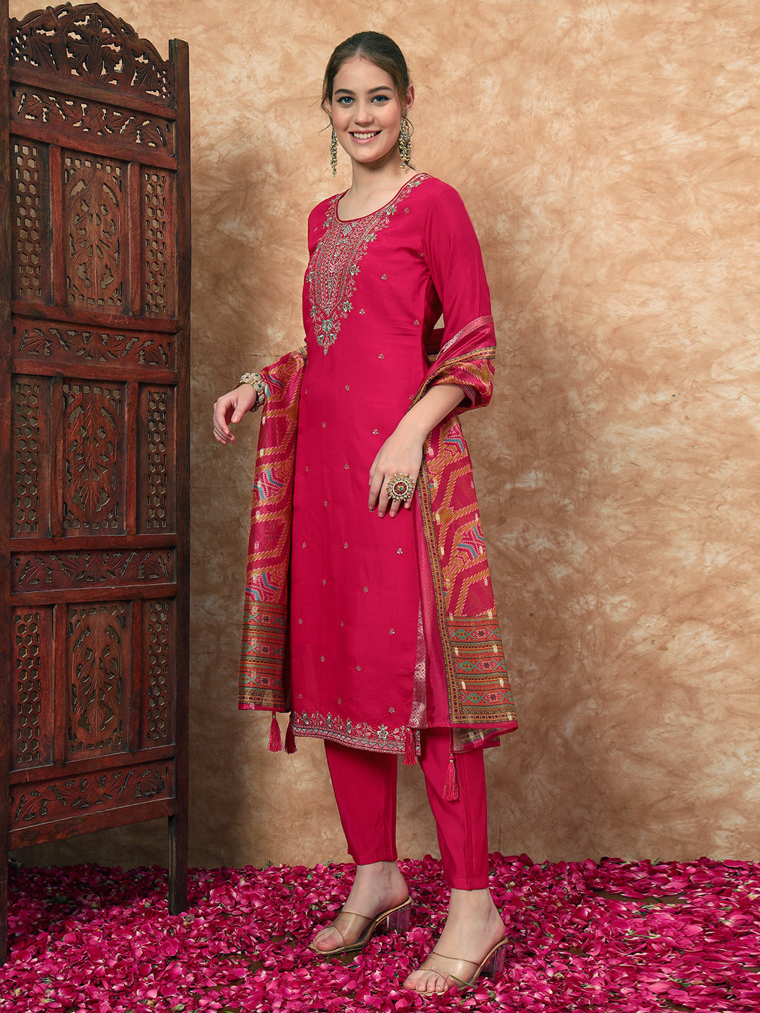 Women's Embroidered Silk Kurta, Pyjama & Dupatta Set
