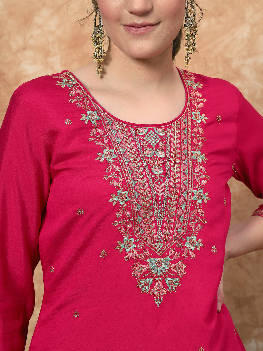 Women's Embroidered Silk Kurta, Pyjama & Dupatta Set