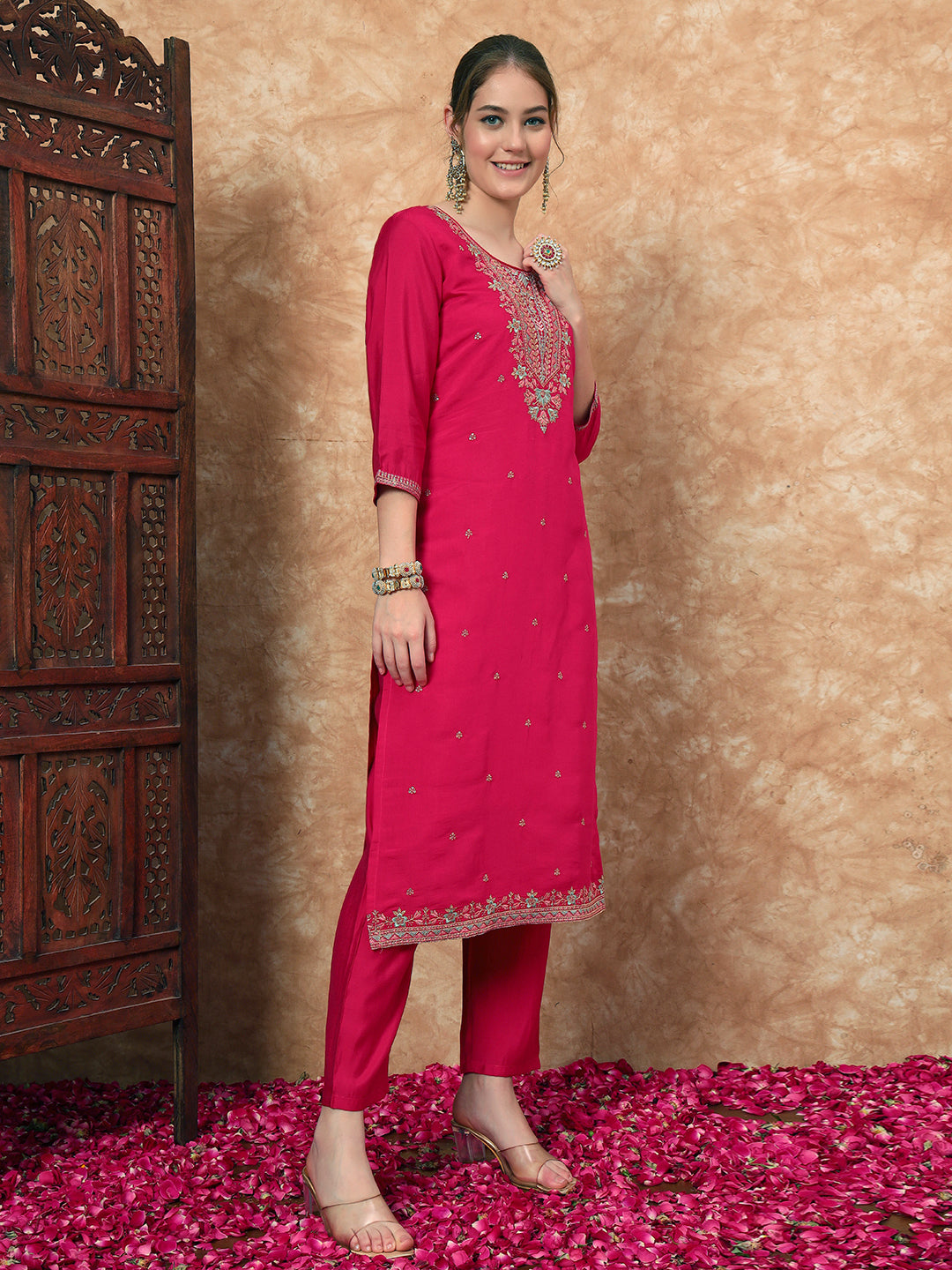 Women's Embroidered Silk Kurta, Pyjama & Dupatta Set