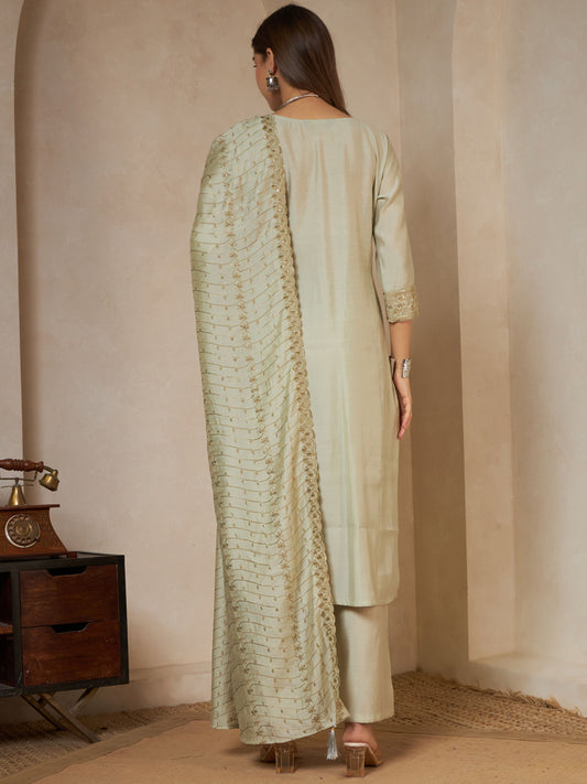 Olive Green Embroidered Silk Women's Kurta,Palazzo and Dupatta Set