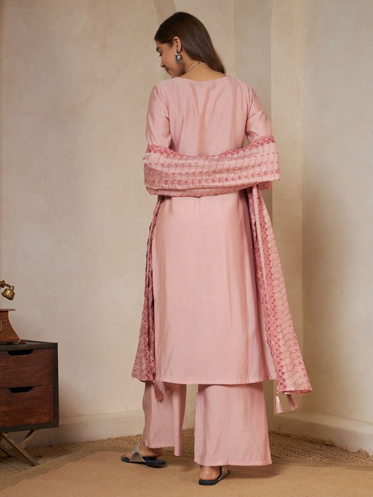 Pastel Peach Embroidered Silk Women's Kurta,Palazzo and Dupatta Set