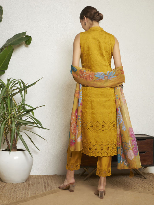 Gold Yellow Embroidered Silk Women's Kurta, Pyjama & Dupatta Set