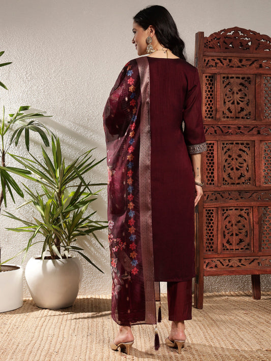Dark Maroon Embroidered Silk Women's Kurta, Pyjama & Dupatta Set
