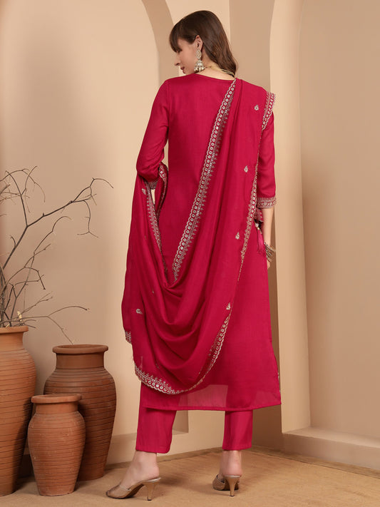 Crimson Pink Embroidered Silk Women's Kurta, Pyjama & Dupatta Set