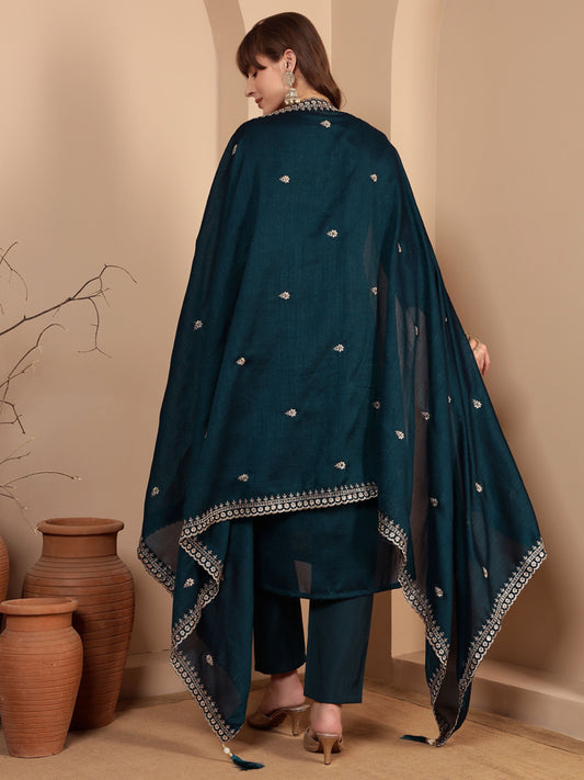 Purssian Blue Embroidered Silk Women's Kurta, Pyjama & Dupatta Set