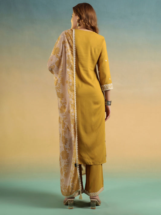 Old Gold Embroidered Rayon Women's Kurta and Palazzo Set