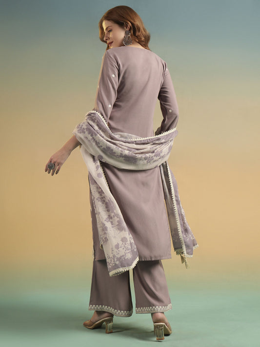 Purple Mauve Embroidered Rayon Women's Kurta and Palazzo Set