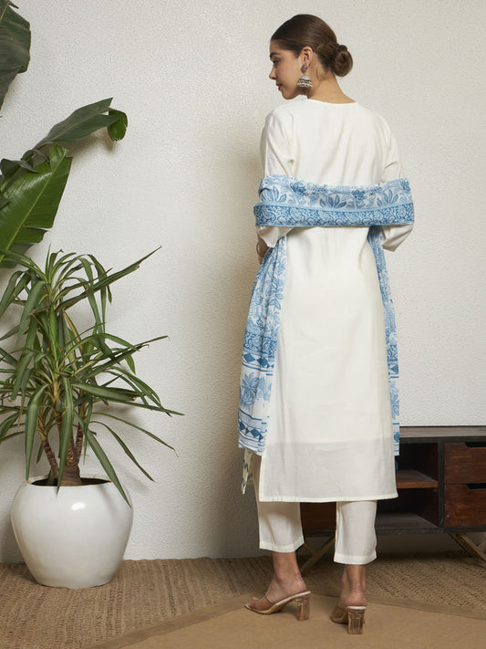 Petrol Green Embroidered Silk Women's Kurta, Pyjama & Dupatta Set