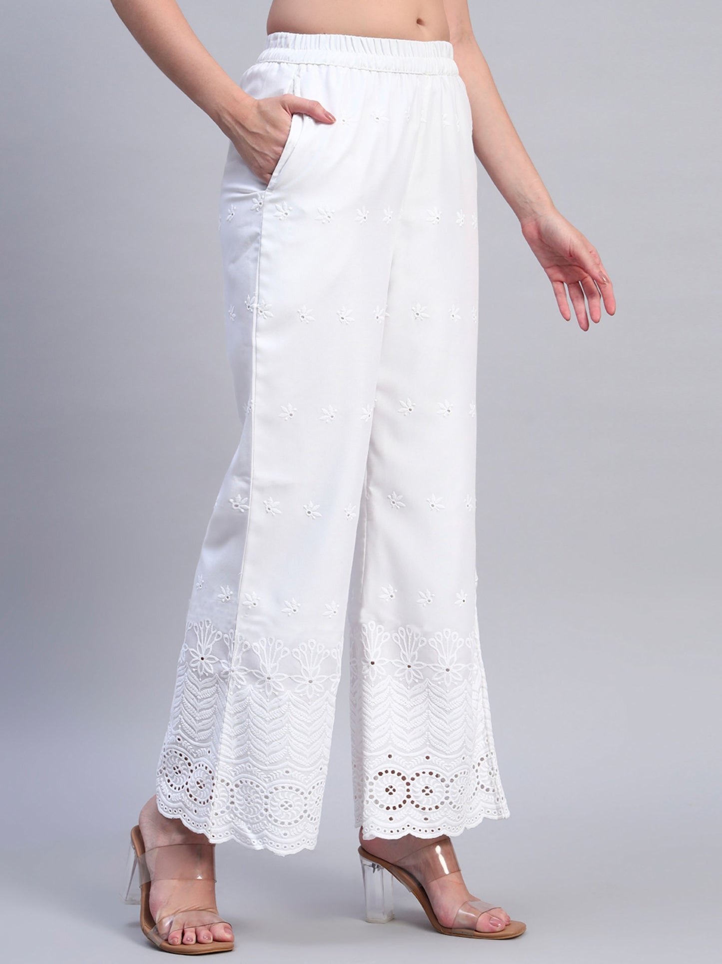 White Chikankari Cotton blend Women's Palazzo