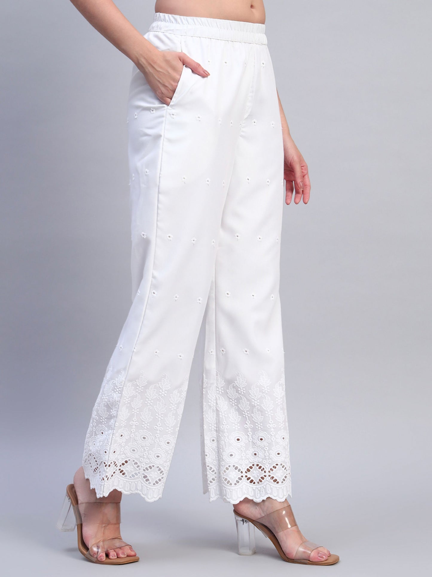 White Chikankari Cotton blend Women's Palazzo