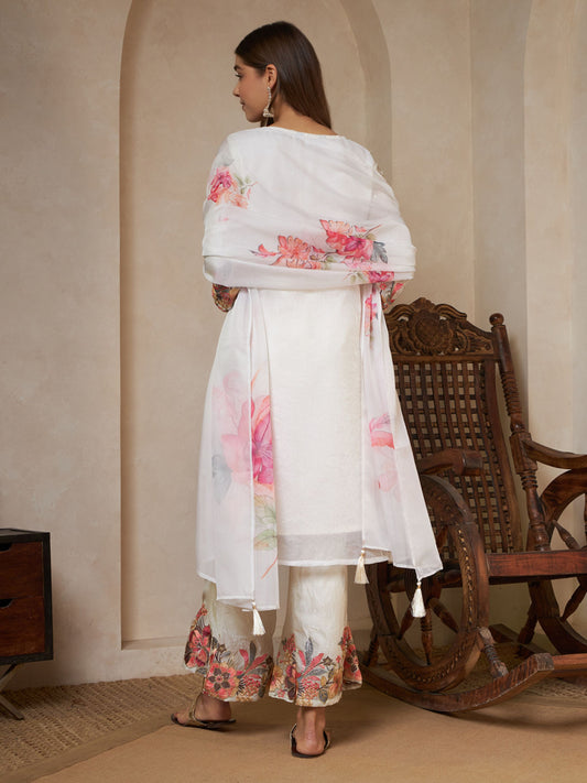 Off White Embroidered Silk Women's Kurta,Palazzo and Dupatta Set