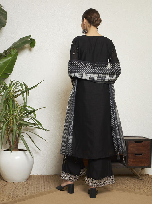 Black Embroidered Silk Women's Kurta,Palazzo and Dupatta Set