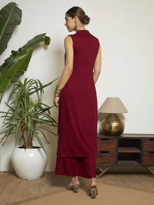 Maroon Printed Rayon Women's Kurta and Palazzo Set