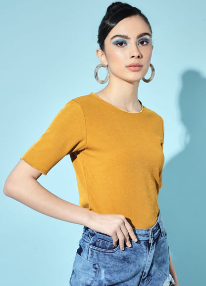 Women's Party Half Sleeve Solid Mustard Top