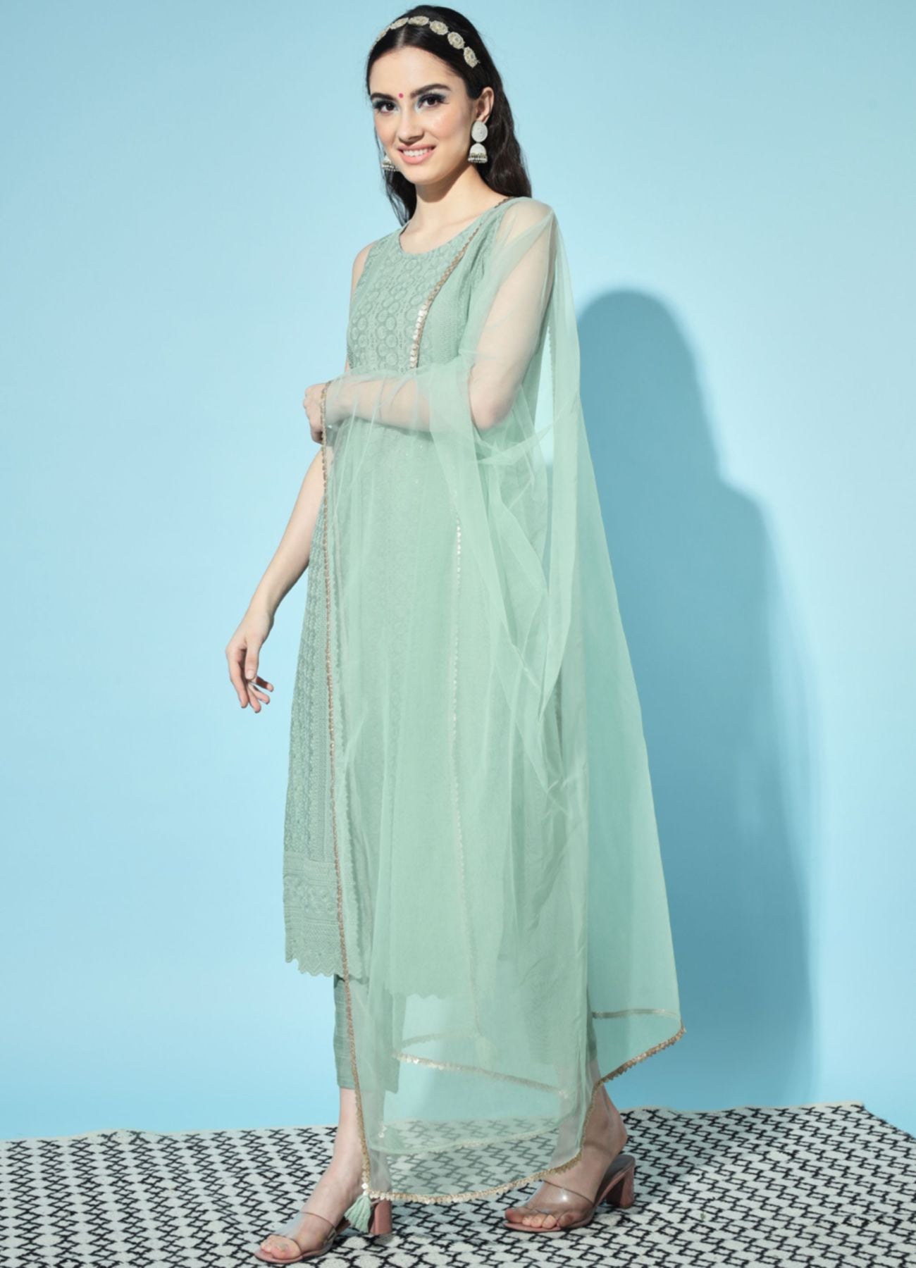 Women's  Embroidered Silk Blend Kurta Pyjama & Dupatta Set