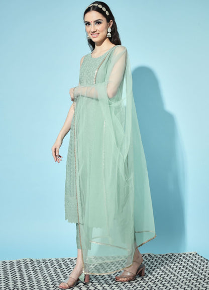 Women's  Embroidered Silk Blend Kurta Pyjama & Dupatta Set