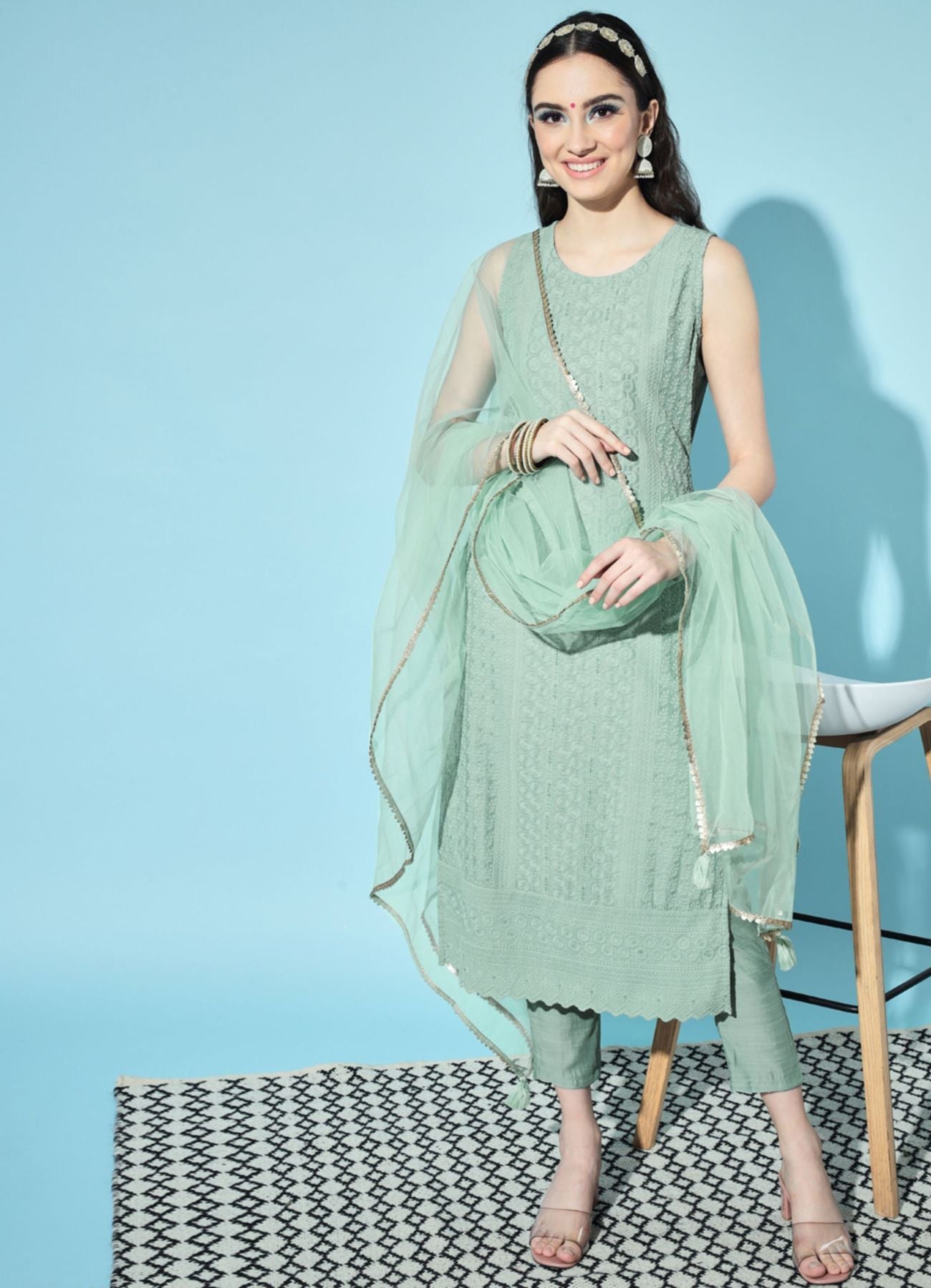 Women's  Embroidered Silk Blend Kurta Pyjama & Dupatta Set