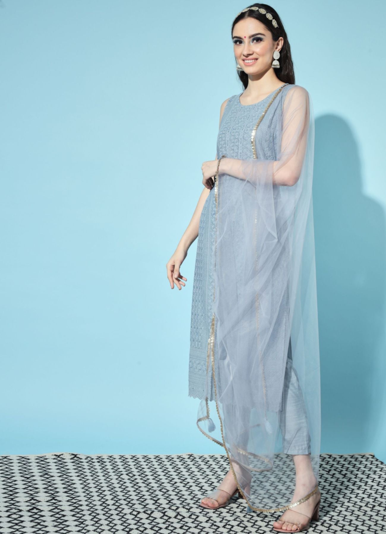 Women's Embroidered Silk Blend  Kurta Pyjama & Dupatta Set