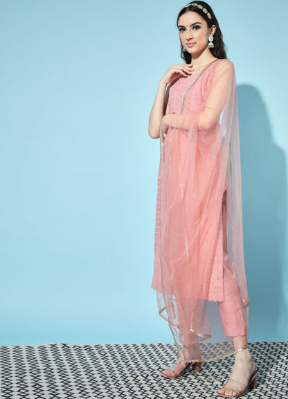 Women's Embroidered Silk Blend Kurta Pyjama & Dupatta Set