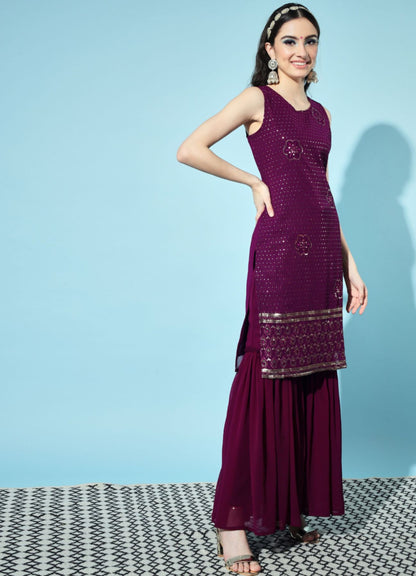 Women's  Embroidered Georgette  Kurta and Sharara Set