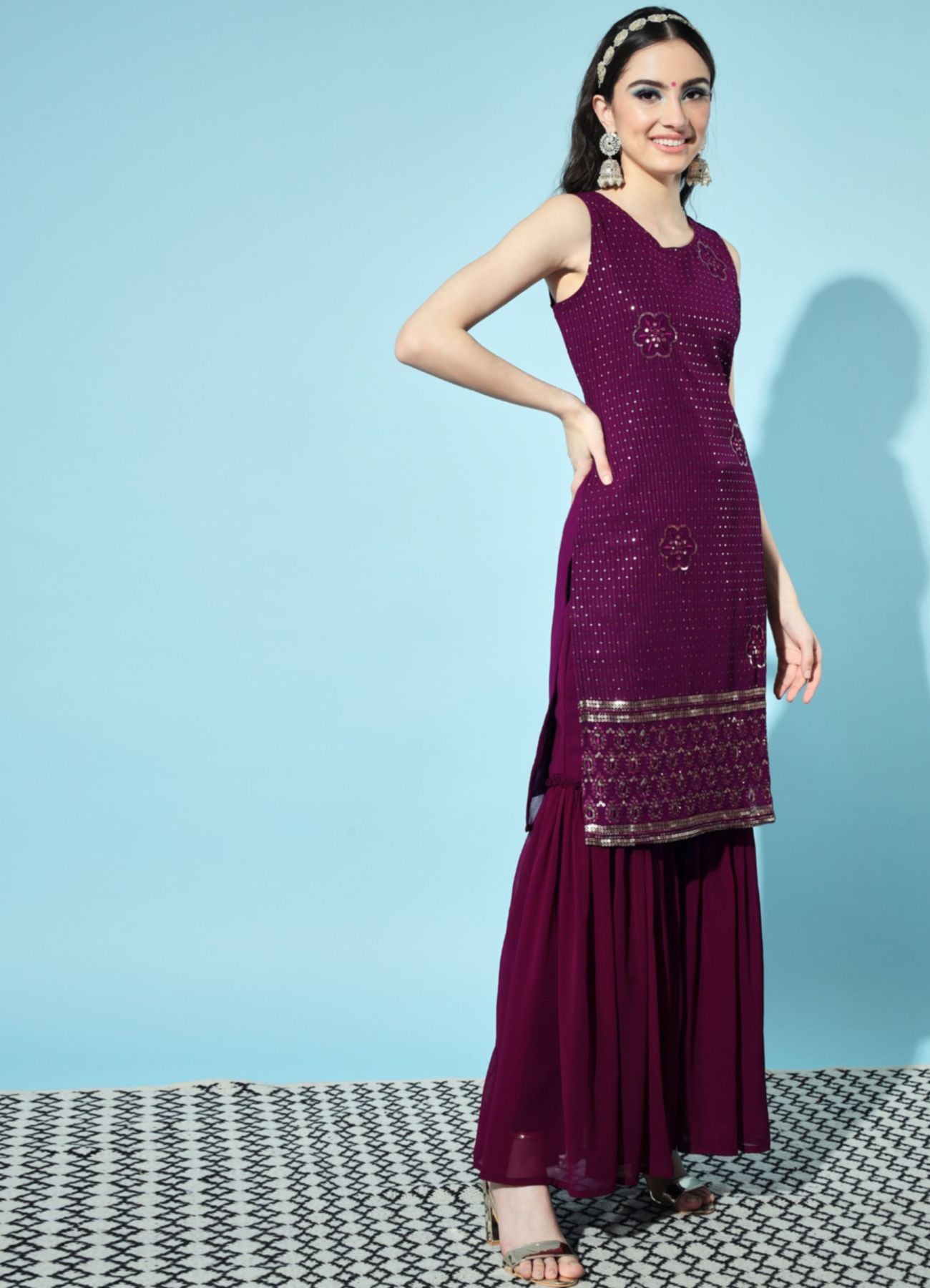 Women's Embroidered Georgette Kurta and Sharara Set