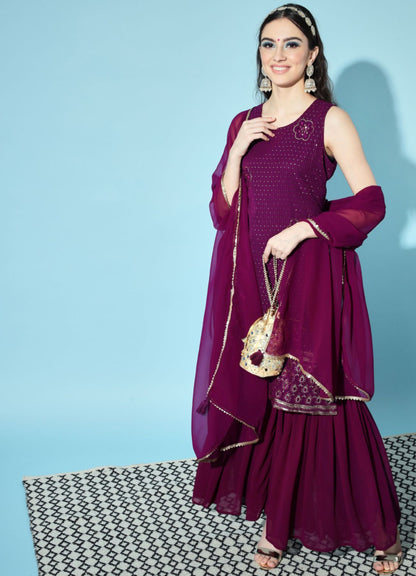 Women's  Embroidered Georgette  Kurta and Sharara Set