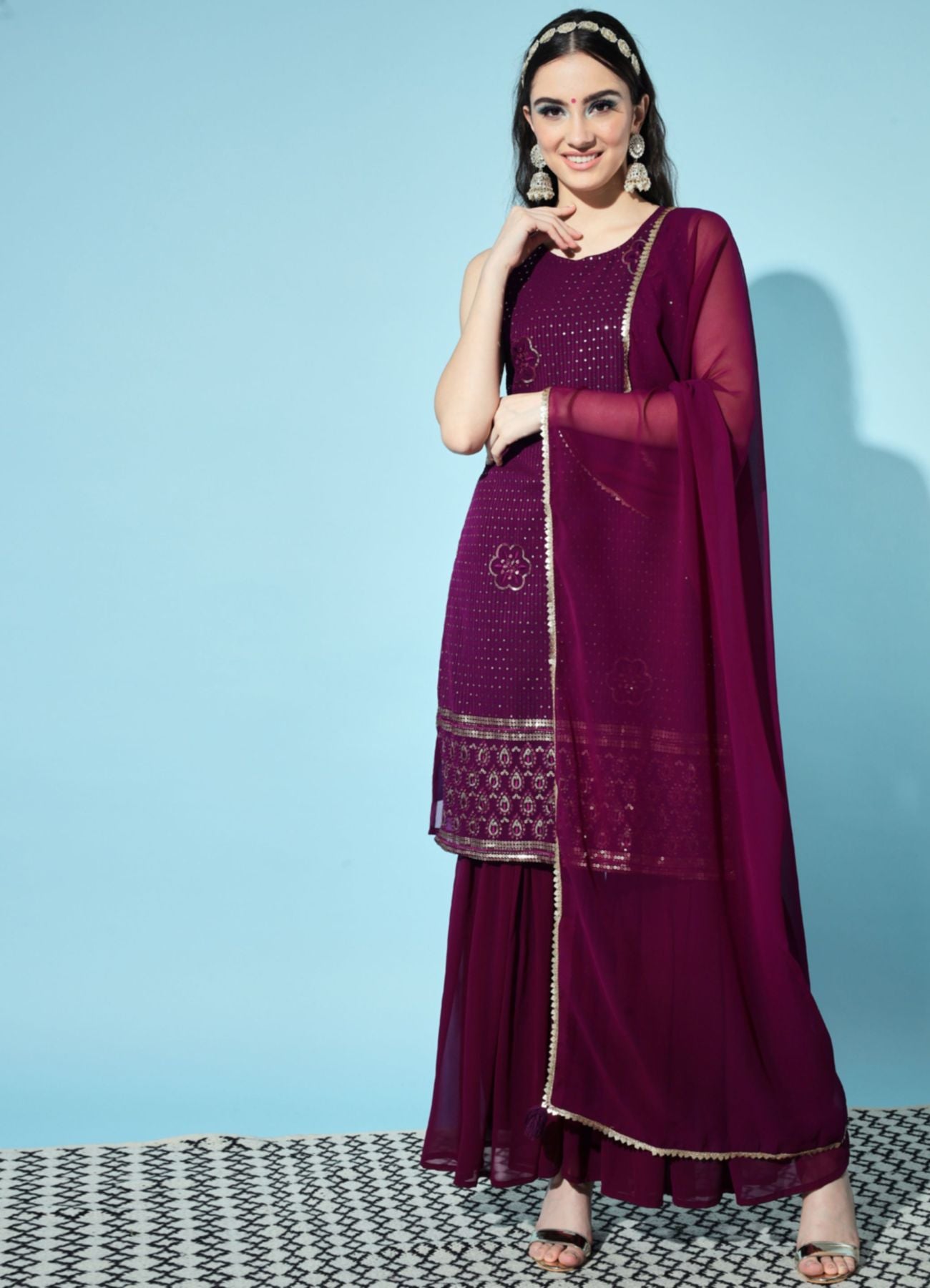 Women's Embroidered Georgette Kurta and Sharara Set