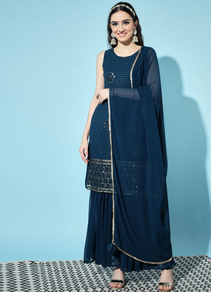 Women's Embroidered Georgette Kurta and Sharara Set