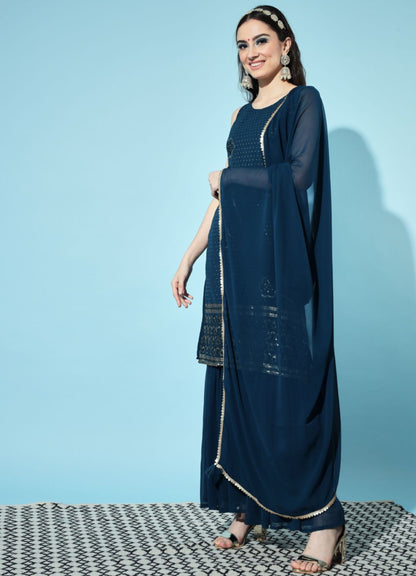 Women's  Embroidered Georgette  Kurta and Sharara Set