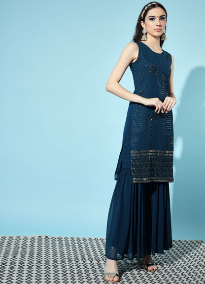 Women's Embroidered Georgette Kurta and Sharara Set