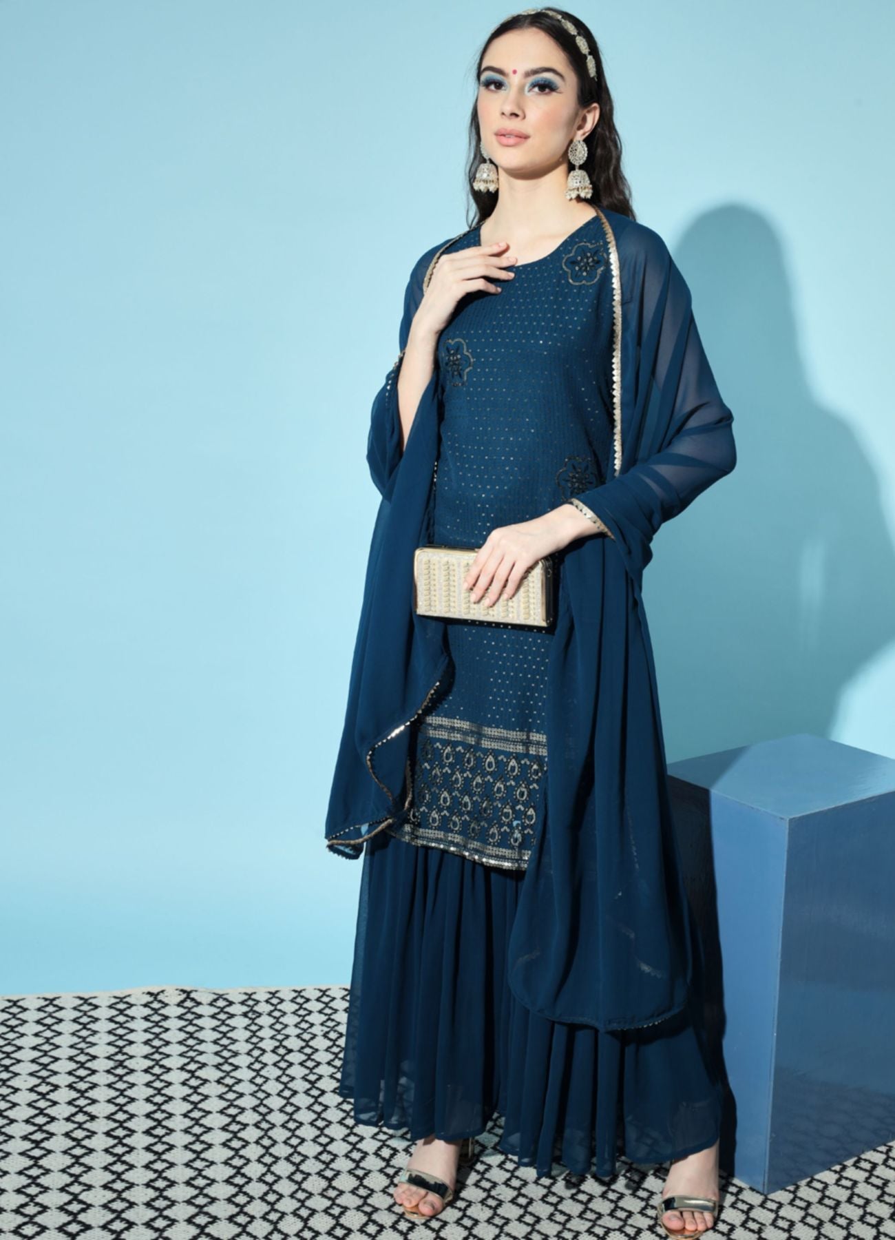 Women's Embroidered Georgette Kurta and Sharara Set