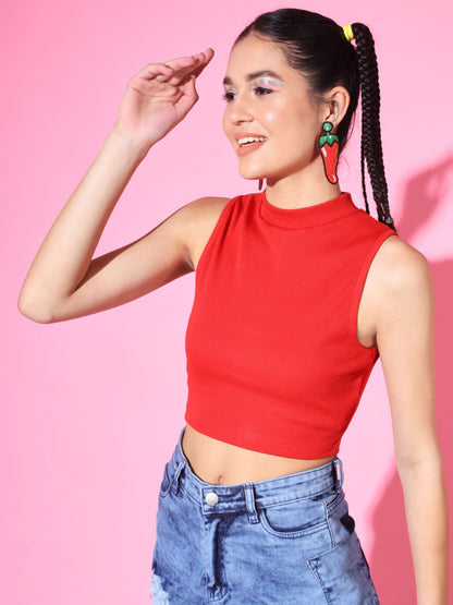 Women's Casual No Sleeve Solid Red Top