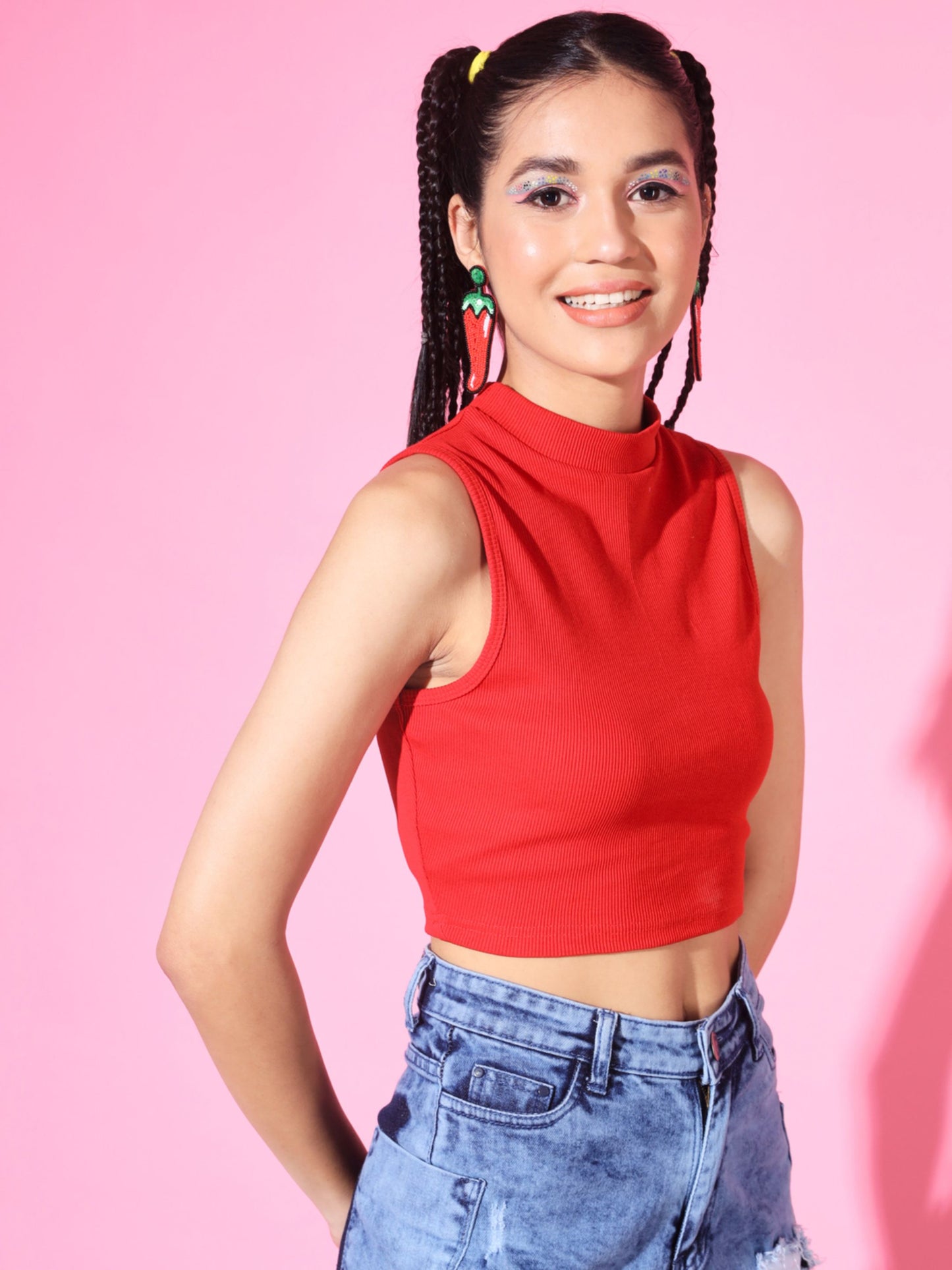 Women's Casual No Sleeve Solid Red Top